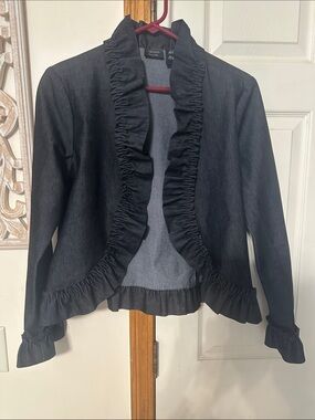 Nicole by Nicole Miller  Black Denim 
Ruffle-Front Blazer. Size 8.
